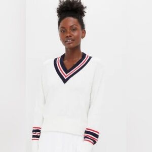NWT Tuckernuck White Boucle Cotton V-Neck Sweater with Red and Blue Stripes XL